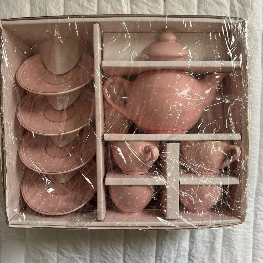 Pink Polka Dot Ceramic Tea Set 9 Piece Teapot Cups Saucers Shabby Chic Gold Trim